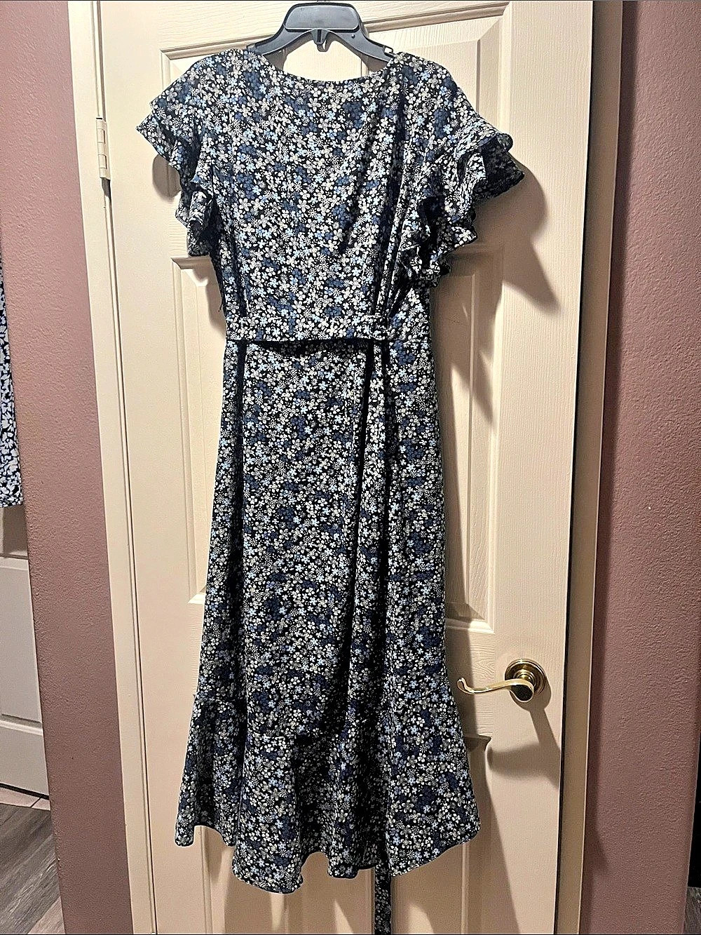 Max Studio Ruffle Crepe High/Low Wrap Midi Dress Blue & Black large